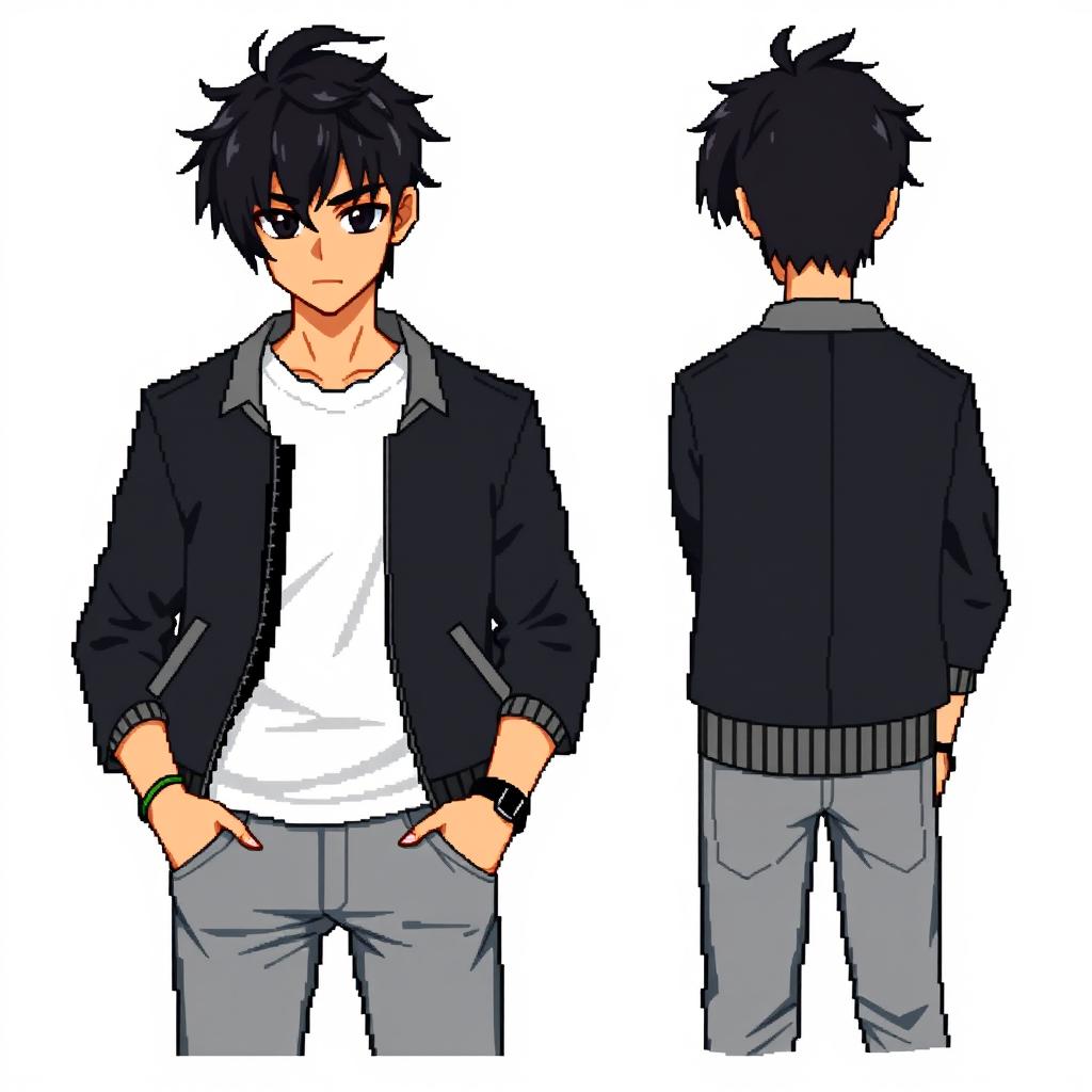 A front, side, and back view of a male character with disheveled black hair styled to the side, deep black eyes, wearing a black bomber jacket, a white t-shirt, and gray jeans