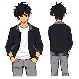 A front, side, and back view of a male character with disheveled black hair styled to the side, deep black eyes, wearing a black bomber jacket, a white t-shirt, and gray jeans