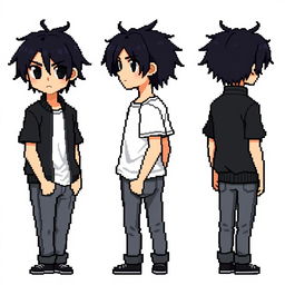 A front, side, and back view of a male character with disheveled black hair styled to the side, deep black eyes, wearing a black bomber jacket, a white t-shirt, and gray jeans