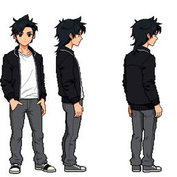 A front, side, and back view of a male character with disheveled black hair styled to the side, deep black eyes, wearing a black bomber jacket, a white t-shirt, and gray jeans