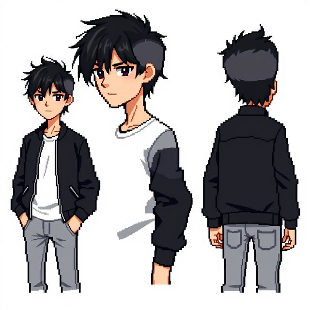 A front, side, and back view of a male character with disheveled black hair styled to the side, deep black eyes, wearing a black bomber jacket, a white t-shirt, and gray jeans