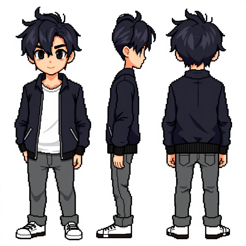 A male character with tousled black hair styled to the side, black eyes, wearing a black bomber jacket, a white t-shirt, and gray jeans