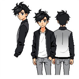 A male character with tousled black hair styled to the side, black eyes, wearing a black bomber jacket, a white t-shirt, and gray jeans