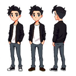 A male character with tousled black hair styled to the side, black eyes, wearing a black bomber jacket, a white t-shirt, and gray jeans