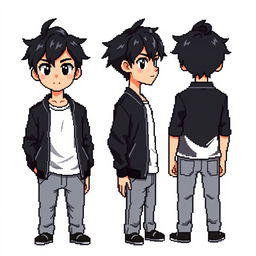 A male character with tousled black hair styled to the side, black eyes, wearing a black bomber jacket, a white t-shirt, and gray jeans