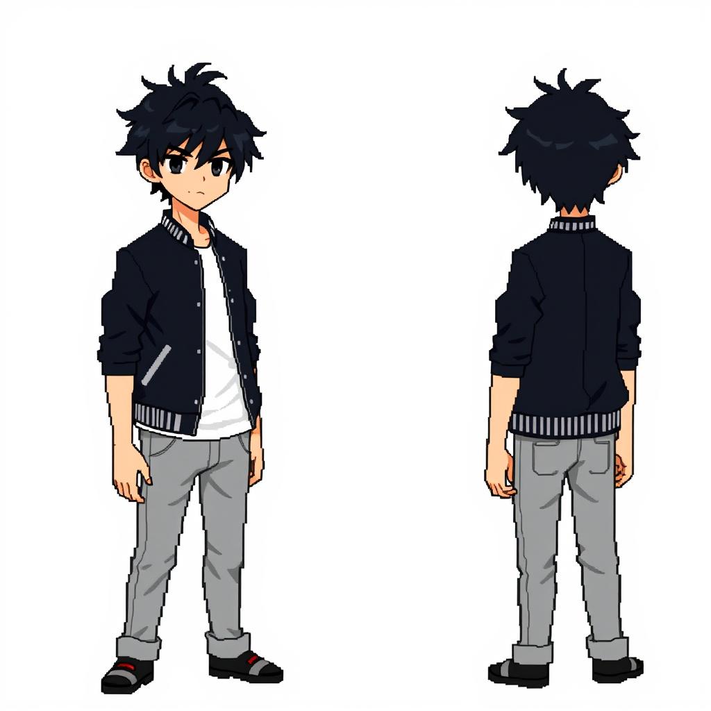 A male character with disheveled black hair styled to the side, dark black eyes, wearing a black bomber jacket, a white t-shirt, and gray jeans