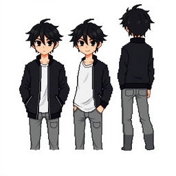 A male character with disheveled black hair styled to the side, dark black eyes, wearing a black bomber jacket, a white t-shirt, and gray jeans