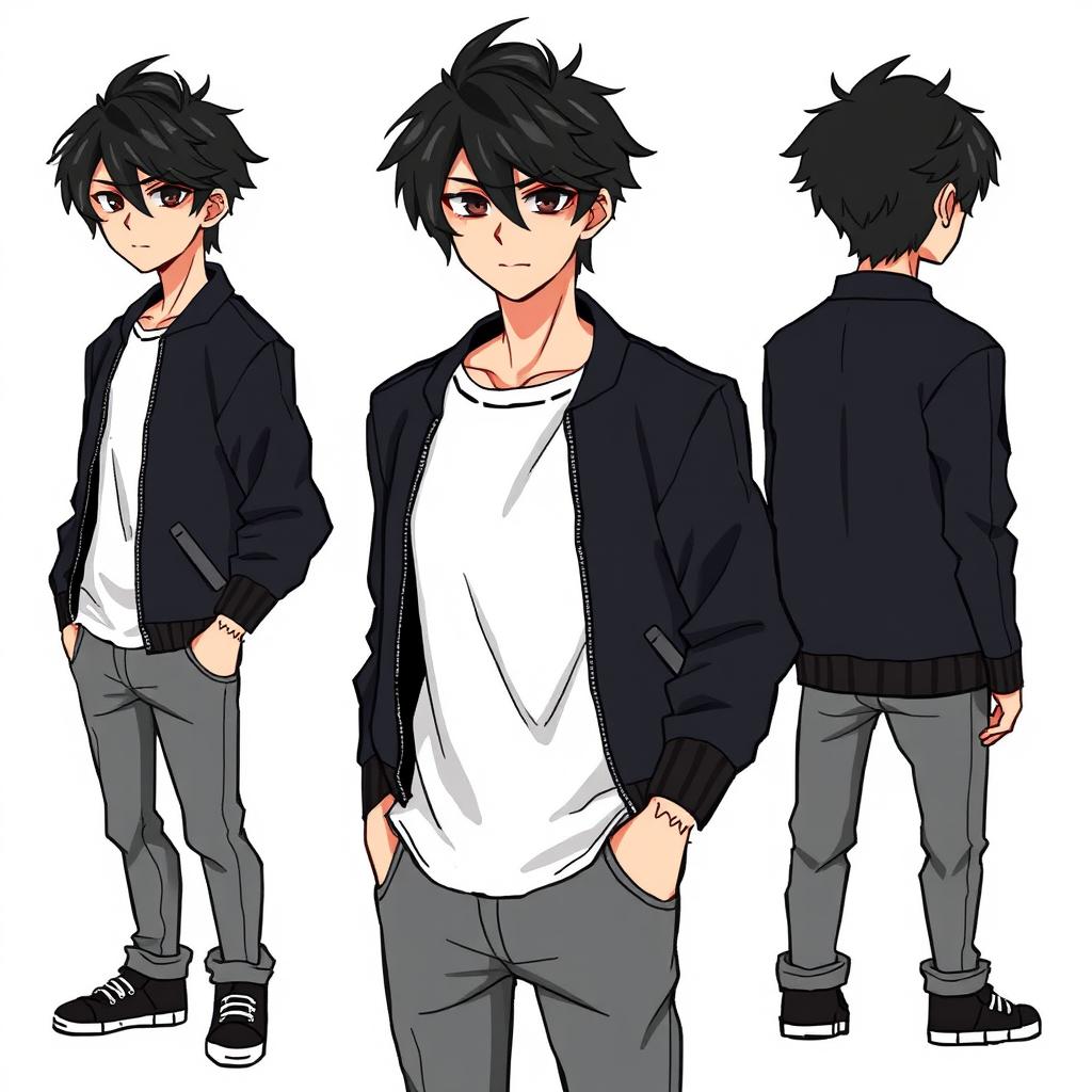 A male character with disheveled black hair styled to the side, dark black eyes, wearing a black bomber jacket, a white t-shirt, and gray jeans