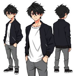 A male character with disheveled black hair styled to the side, dark black eyes, wearing a black bomber jacket, a white t-shirt, and gray jeans