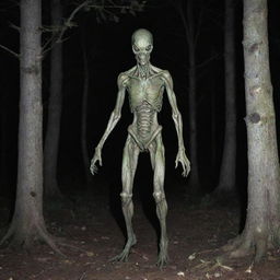 A night-vision trail cam capturing an eerie alien figure, giving the impression of an unanticipated close encounter in a remote woodland location.