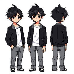 A male character with disheveled black hair styled to the side, dark black eyes, wearing a black bomber jacket, a white t-shirt, and gray jeans