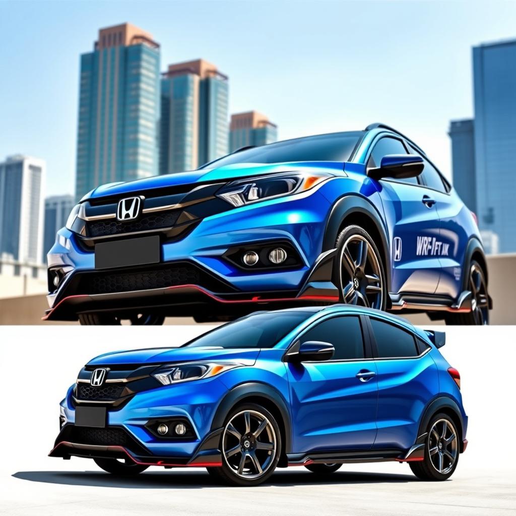 A modified Honda WR-V showcasing an aggressive and stylish body kit, featuring sleek aerodynamic lines, a prominent front bumper with integrated air intakes, side skirts to enhance its sporty profile, and a rear diffuser for improved aerodynamics