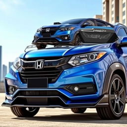 A modified Honda WR-V showcasing an aggressive and stylish body kit, featuring sleek aerodynamic lines, a prominent front bumper with integrated air intakes, side skirts to enhance its sporty profile, and a rear diffuser for improved aerodynamics