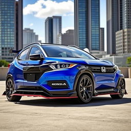 A modified Honda WR-V showcasing an aggressive and stylish body kit, featuring sleek aerodynamic lines, a prominent front bumper with integrated air intakes, side skirts to enhance its sporty profile, and a rear diffuser for improved aerodynamics