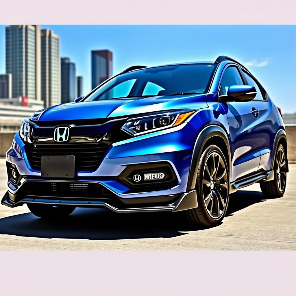 A modified Honda WR-V showcasing an aggressive and stylish body kit, featuring sleek aerodynamic lines, a prominent front bumper with integrated air intakes, side skirts to enhance its sporty profile, and a rear diffuser for improved aerodynamics