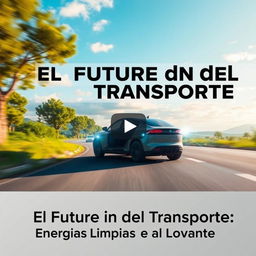 A captivating YouTube thumbnail for the video titled '🚗💨 El Futuro del Transporte: Energías Limpias e IA al Volante 🌿🤖'