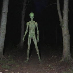 A night-vision trail cam capturing an eerie alien figure, giving the impression of an unanticipated close encounter in a remote woodland location.