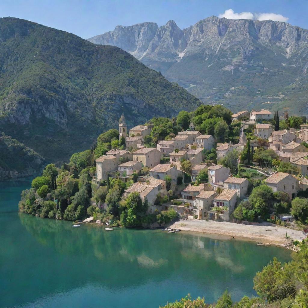 A tranquil, picturesque French village nestled in the mountains with a scenic coast featuring a serene lake, set in the Mediterranean landscapes.