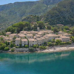 A tranquil, picturesque French village nestled in the mountains with a scenic coast featuring a serene lake, set in the Mediterranean landscapes.