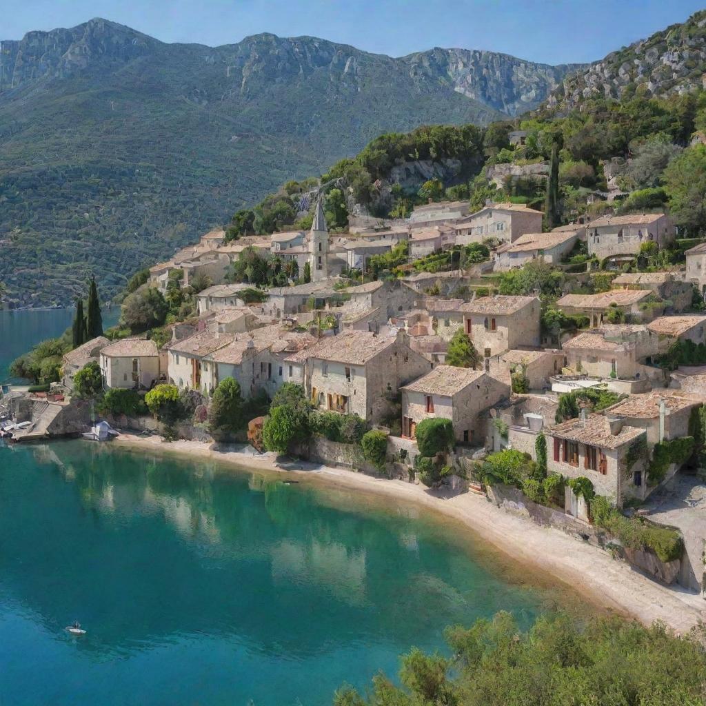 A tranquil, picturesque French village nestled in the mountains with a scenic coast featuring a serene lake, set in the Mediterranean landscapes.