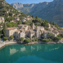 A tranquil, picturesque French village nestled in the mountains with a scenic coast featuring a serene lake, set in the Mediterranean landscapes.