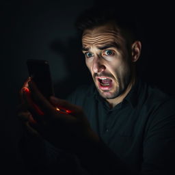 A man in a dimly lit room, holding a smartphone with a terrified expression on his face as he receives a disturbing phone call