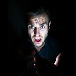 A man in a dimly lit room, holding a smartphone with a terrified expression on his face as he receives a disturbing phone call