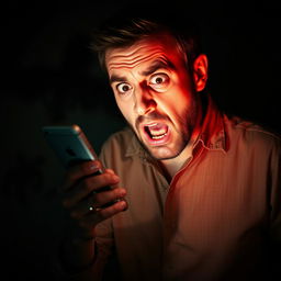 A man in a dimly lit room, holding a smartphone with a terrified expression on his face as he receives a disturbing phone call