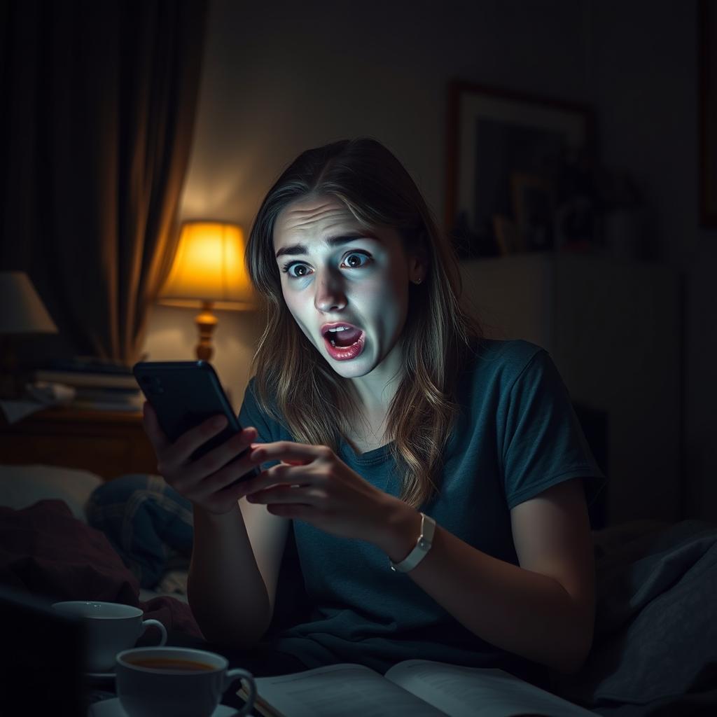 A young woman in a dimly lit, slightly messy room, holding her smartphone with a shocked expression as she receives a chilling phone call