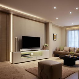 A 12x20 feet living room layout, with a chic TV unit on the 12 feet wall, and cozy couches placed along the 20 feet wall. The design illustrates a perfect utilization of space radiating comfort and modern elegance.