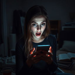 A young woman in a dimly lit, slightly messy room, holding her smartphone with a shocked expression as she receives a chilling phone call