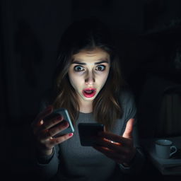 A young woman in a dimly lit, slightly messy room, holding her smartphone with a shocked expression as she receives a chilling phone call