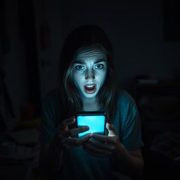 A young woman in a dimly lit, slightly messy room, holding her smartphone with a shocked expression as she receives a chilling phone call