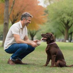 A man in casual attire affectionately interacting with a lush chocolate brown dog in a vibrant park setting.