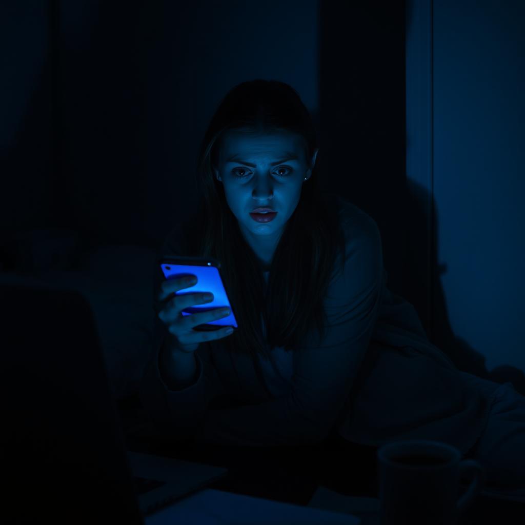 A young woman sitting alone in a dimly lit room, her expression one of dread as she answers a call from an unknown number