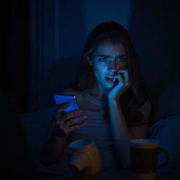 A young woman sitting alone in a dimly lit room, her expression one of dread as she answers a call from an unknown number