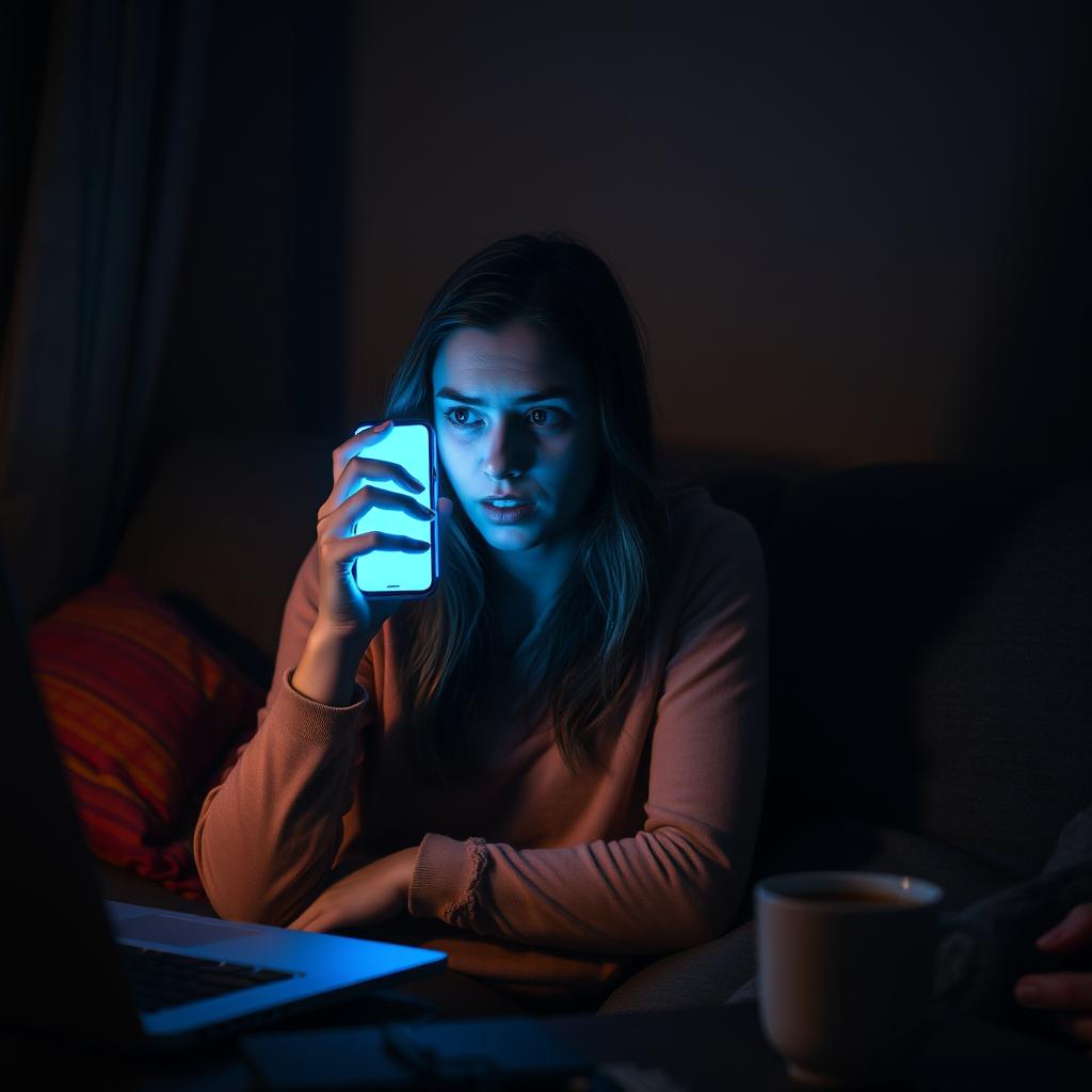 A young woman sitting alone in a dimly lit room, her expression one of dread as she answers a call from an unknown number