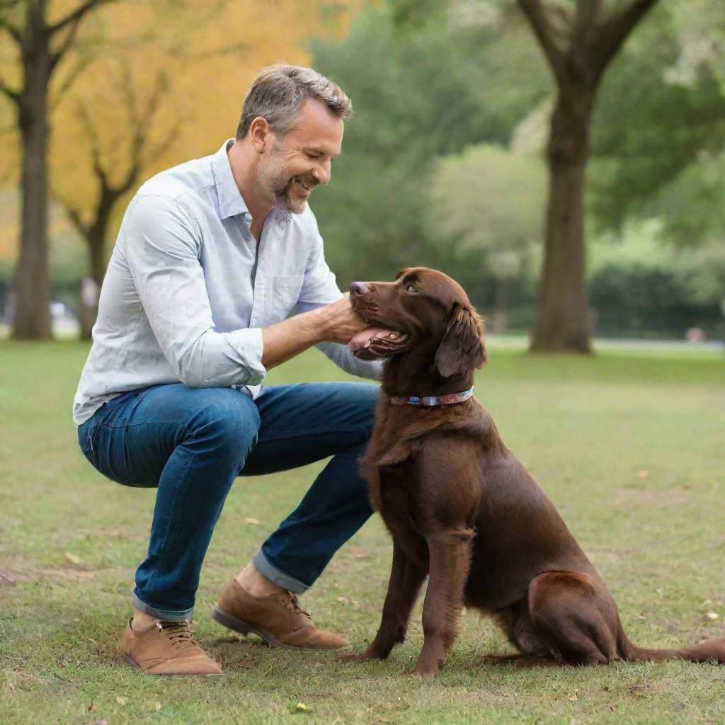 A man in casual attire affectionately interacting with a lush chocolate brown dog in a vibrant park setting.