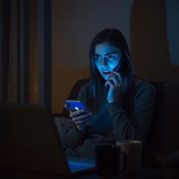 A young woman sitting alone in a dimly lit room, her expression one of dread as she answers a call from an unknown number