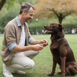 A man in casual attire affectionately interacting with a lush chocolate brown dog in a vibrant park setting.