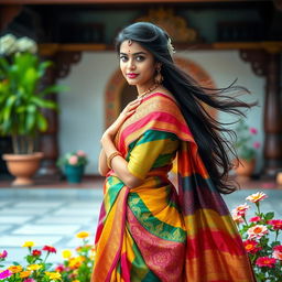 An enchanting Tamil girl wearing a beautifully draped half saree, showcasing vibrant colors and intricate patterns