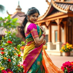 An enchanting Tamil girl wearing a beautifully draped half saree, showcasing vibrant colors and intricate patterns