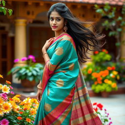 An enchanting Tamil girl wearing a beautifully draped half saree, showcasing vibrant colors and intricate patterns