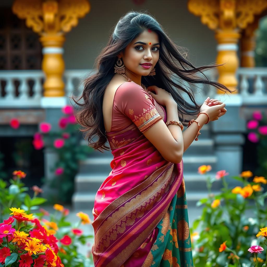 An enchanting Tamil girl wearing a beautifully draped half saree, showcasing vibrant colors and intricate patterns