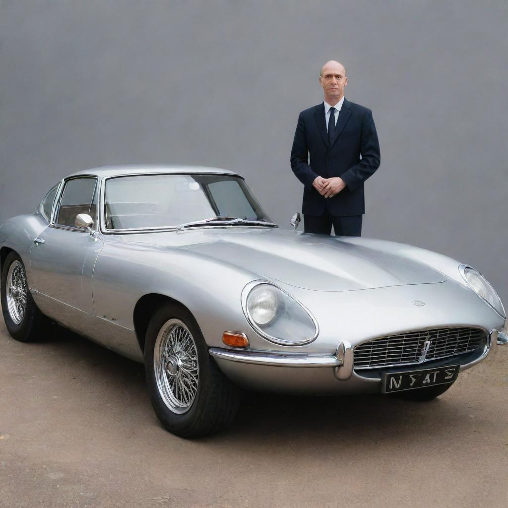 A realistic depiction of a human standing next to a sleek, modern car, both inscribed with the initials 'NME'.