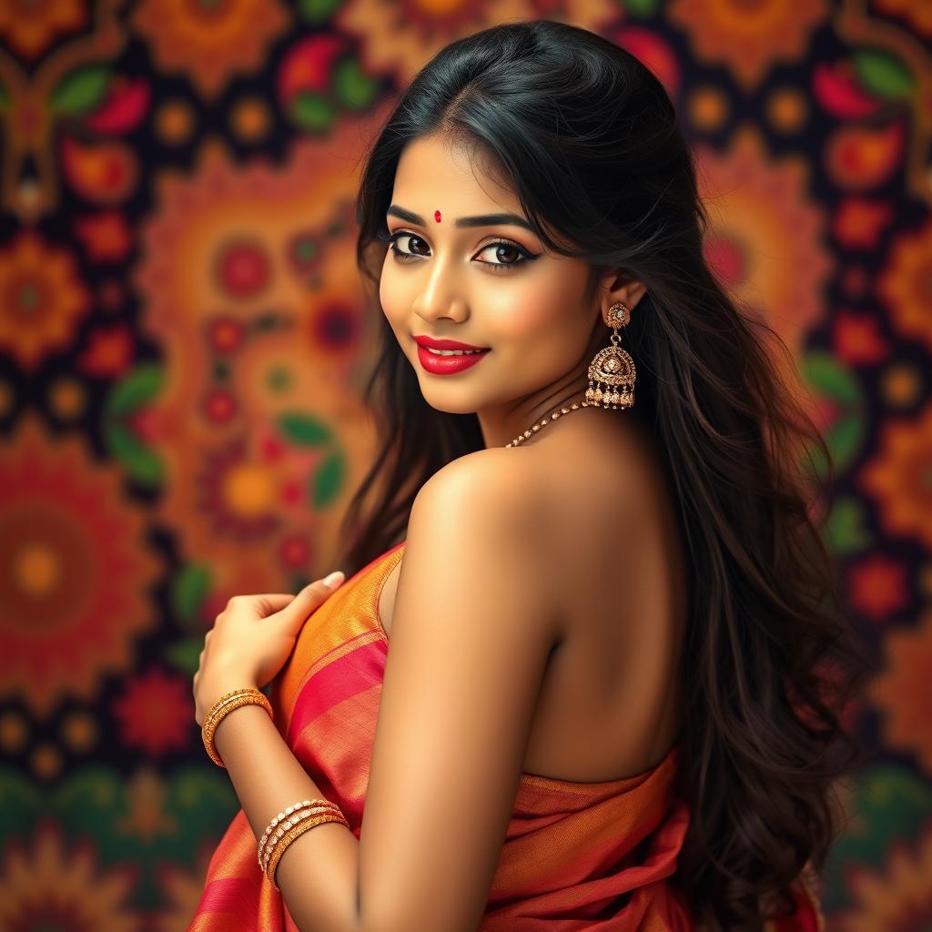 A gorgeous Tamil girl exuding confidence and beauty, posed in an alluring manner while wearing traditional attire