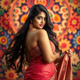 A gorgeous Tamil girl exuding confidence and beauty, posed in an alluring manner while wearing traditional attire