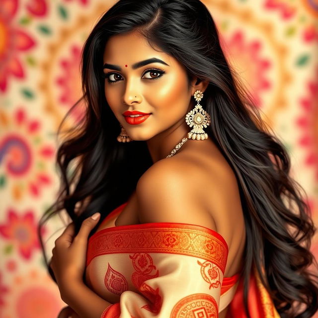 A gorgeous Tamil girl exuding confidence and beauty, posed in an alluring manner while wearing traditional attire