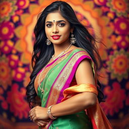 A gorgeous Tamil girl exuding confidence and beauty, posed in an alluring manner while wearing traditional attire