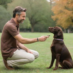 A man in casual attire affectionately interacting with a lush chocolate brown dog in a vibrant park setting.